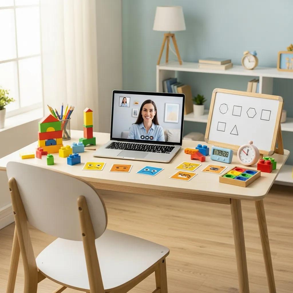 Configuración bien organizada para una sesión de terapia ABA por telesalud con computadora portátil y materiales educativos
