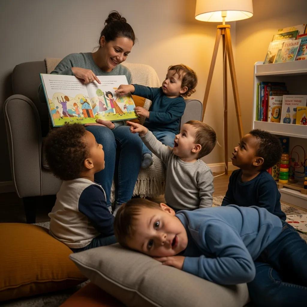A parent reading to toddlers, fostering listening skills and early communication development in a cozy setting