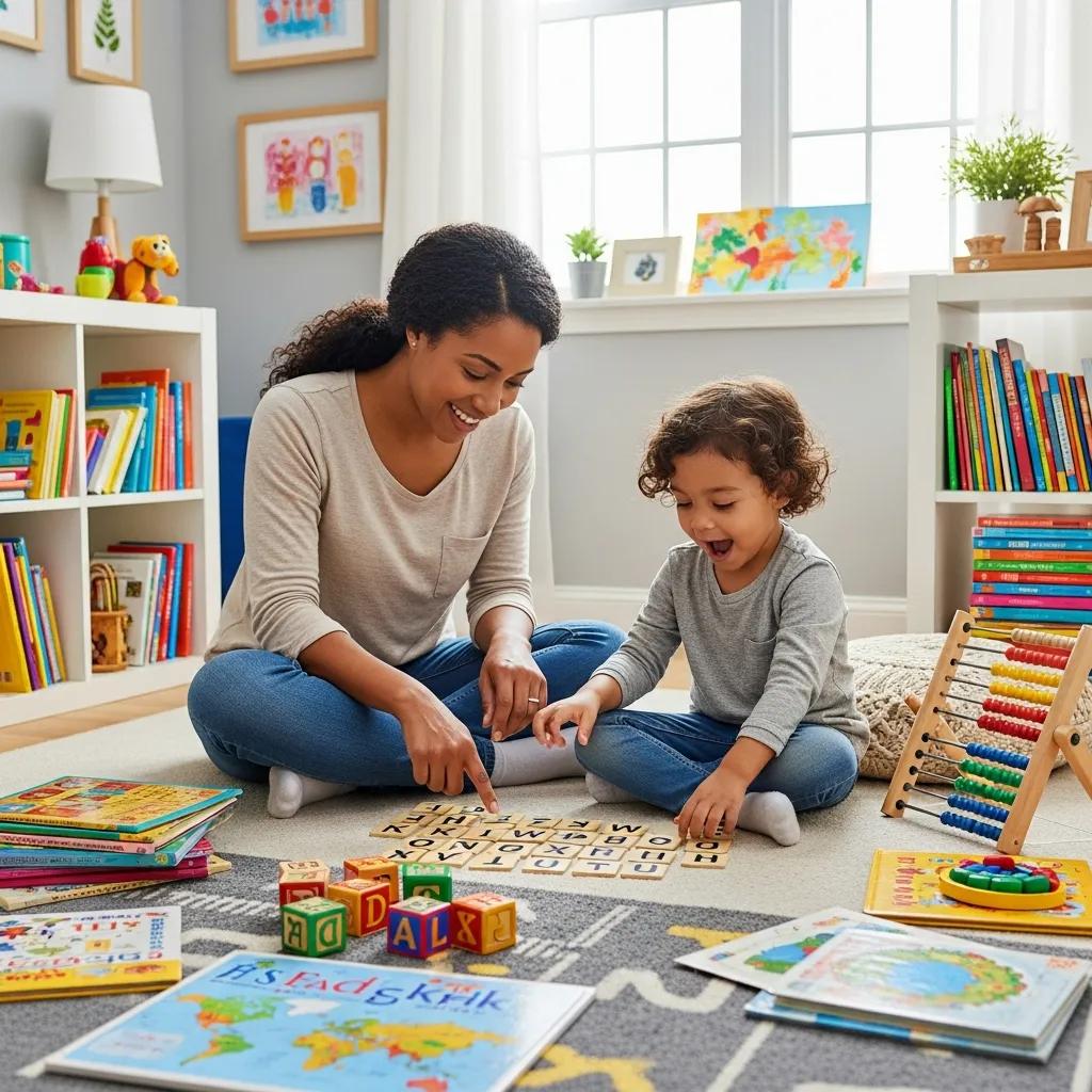 Caregiver and child playing a word game, surrounded by books and educational toys, enhancing vocabulary acquisition