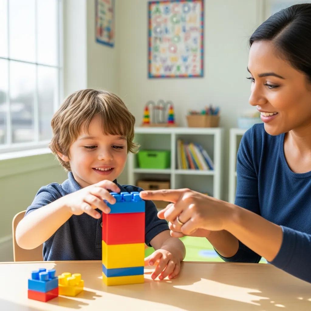 Child engaged in a structured learning activity to improve developmental milestones