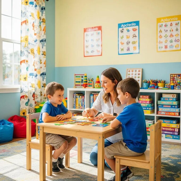 Child engaged in individualized ABA therapy session with therapist in a colorful room