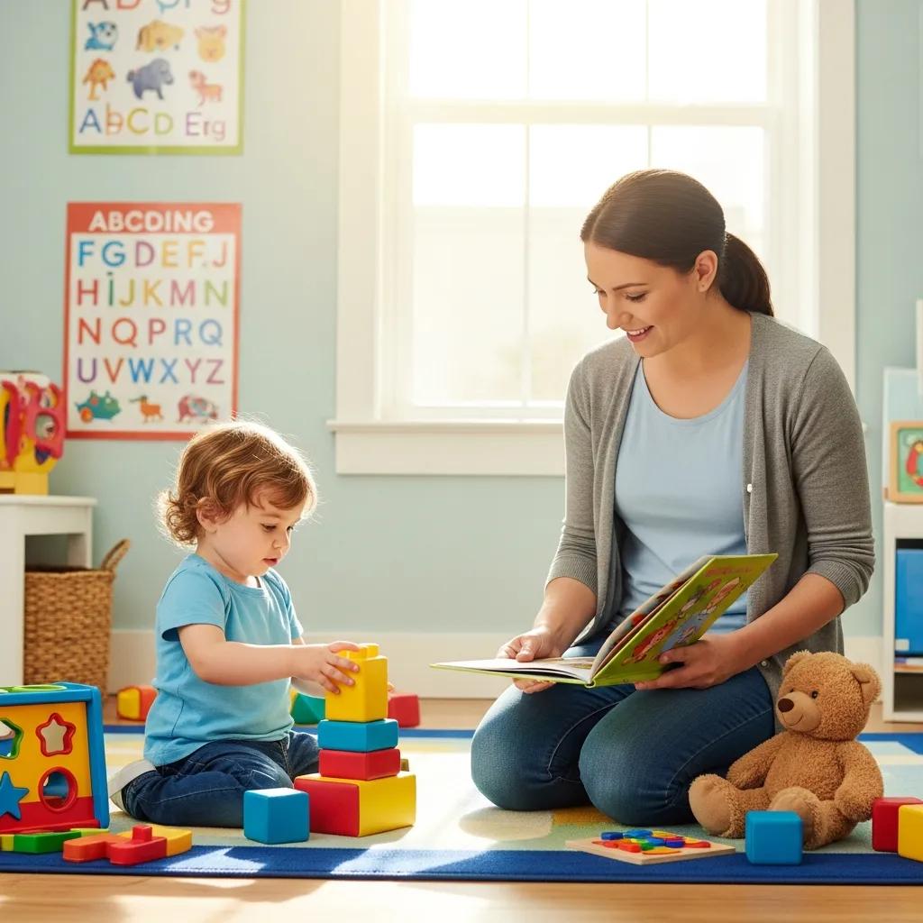 Child interacting with caregiver during a developmental screening, highlighting signs of developmental delays