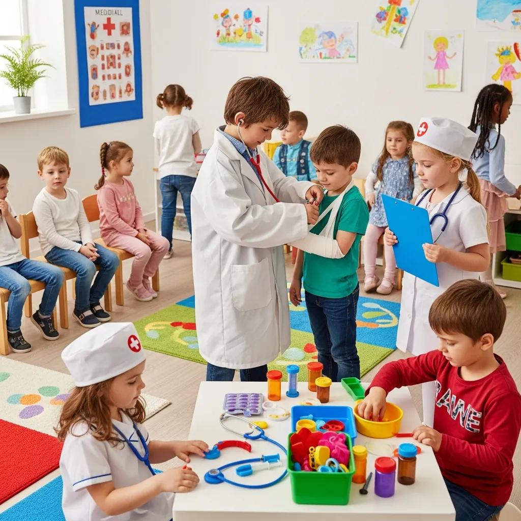 Children engaged in role-playing as doctors and patients, enhancing their conversational skills through imaginative play
