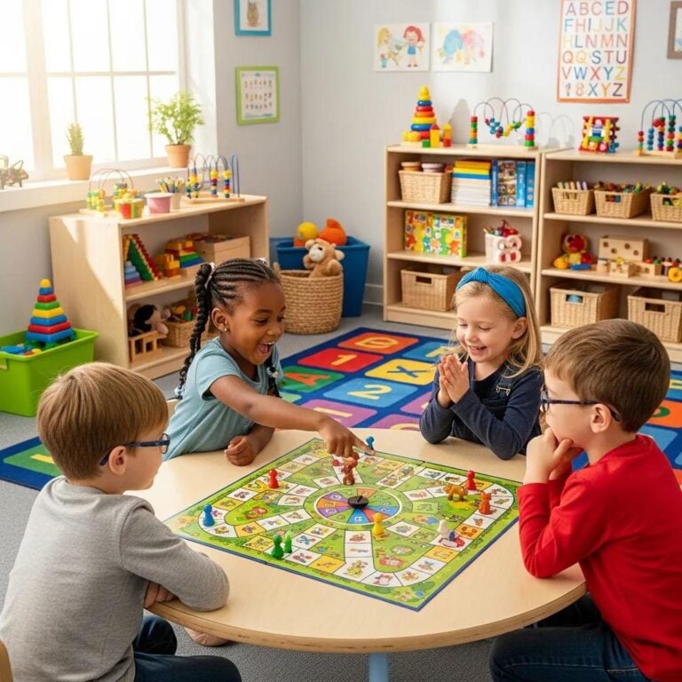 Children engaging in a turn-taking game, promoting social interaction and communication skills