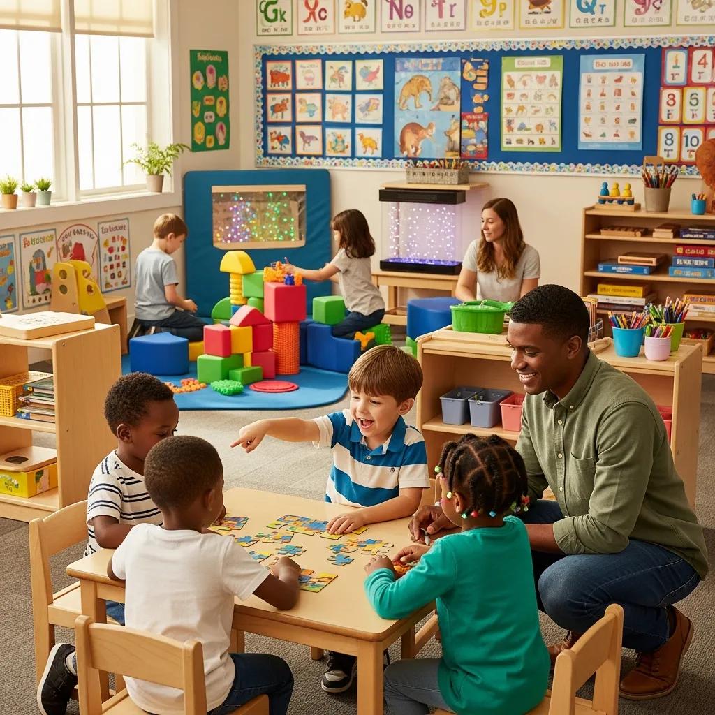 Children with autism engaged in group activities at an early learning center, highlighting the benefits of early intervention