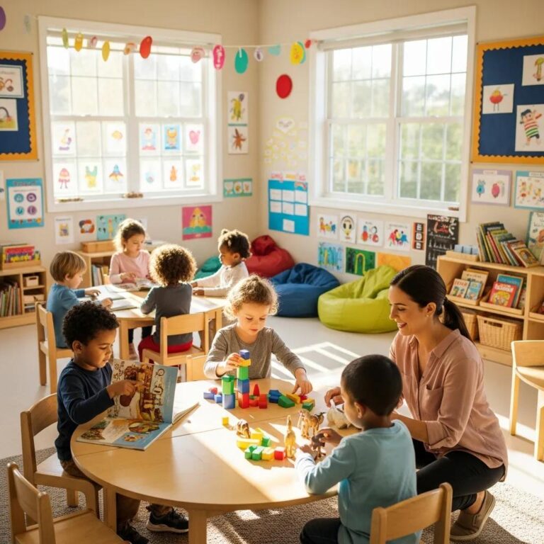 Diverse preschool children learning together in a colorful classroom, emphasizing inclusive education