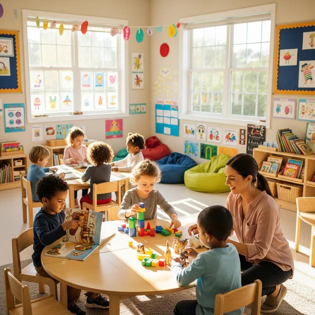 Diverse preschool children learning together in a colorful classroom, emphasizing inclusive education
