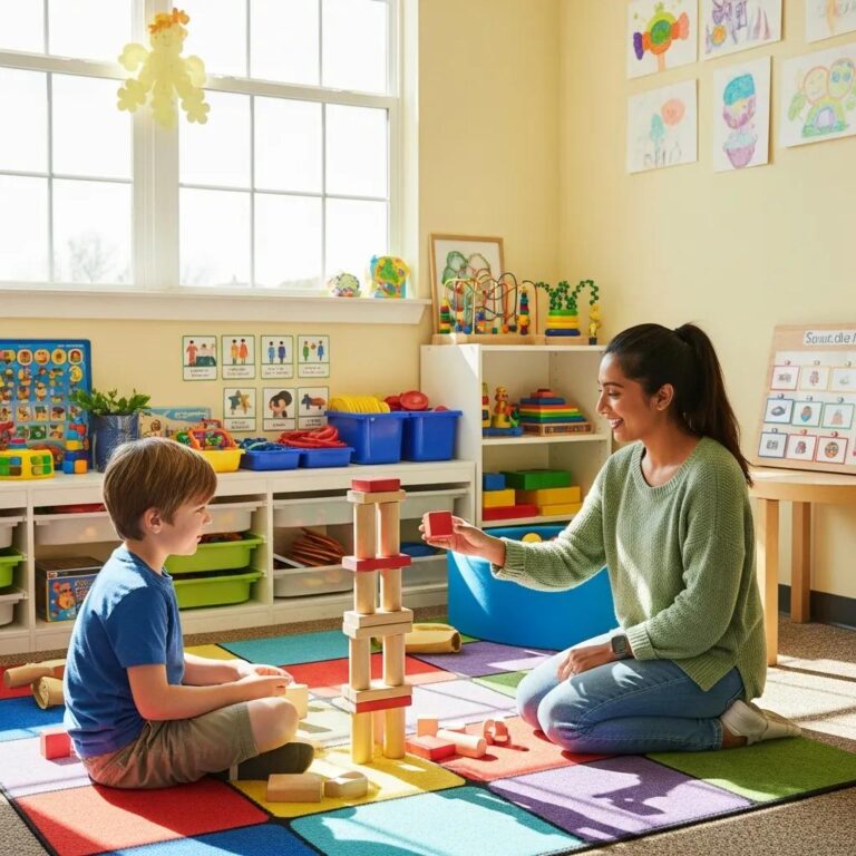Family supporting a child with autism in a therapeutic setting, emphasizing care and engagement