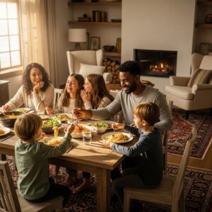 Family supporting each other in a warm home environment, emphasizing emotional well-being and connection
