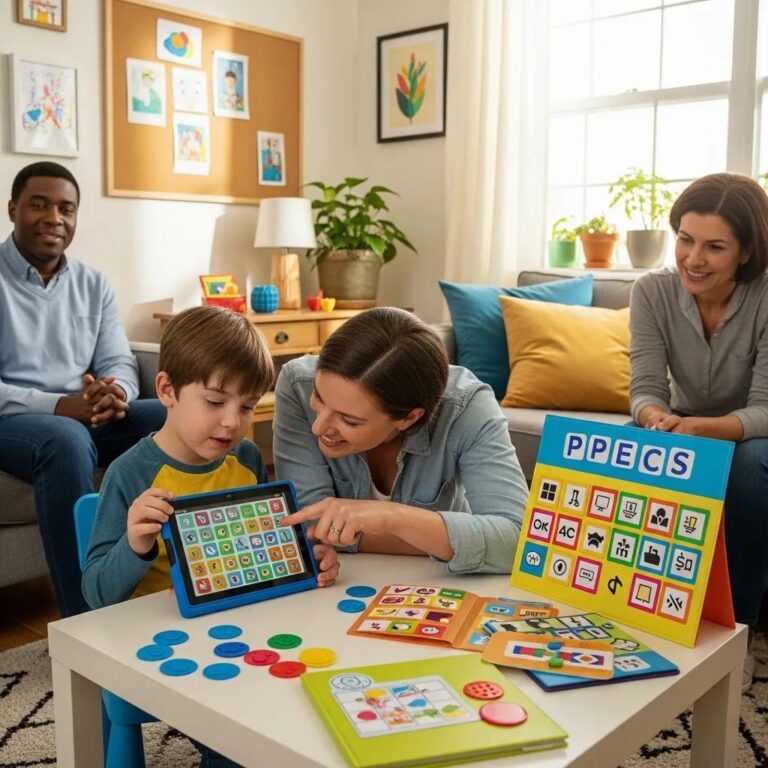 Family using augmentative communication tools to support child development
