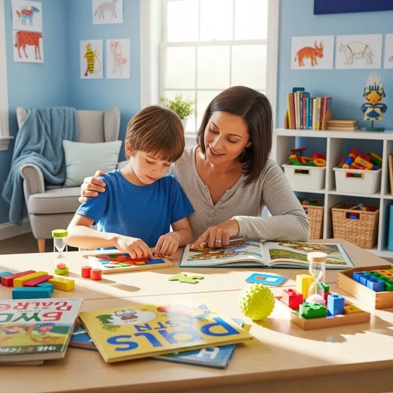 Parent and child engaged in educational activity, highlighting support for autism education