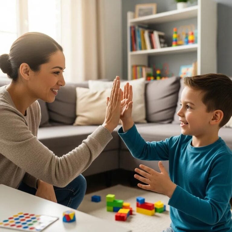 Parent and child engaging in positive reinforcement activities in a cozy living room