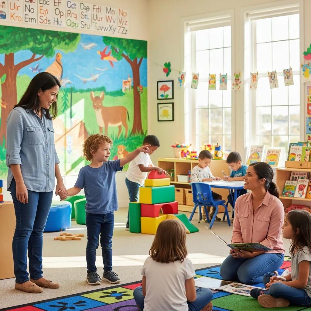 Parent and child touring a preschool, assessing the learning environment