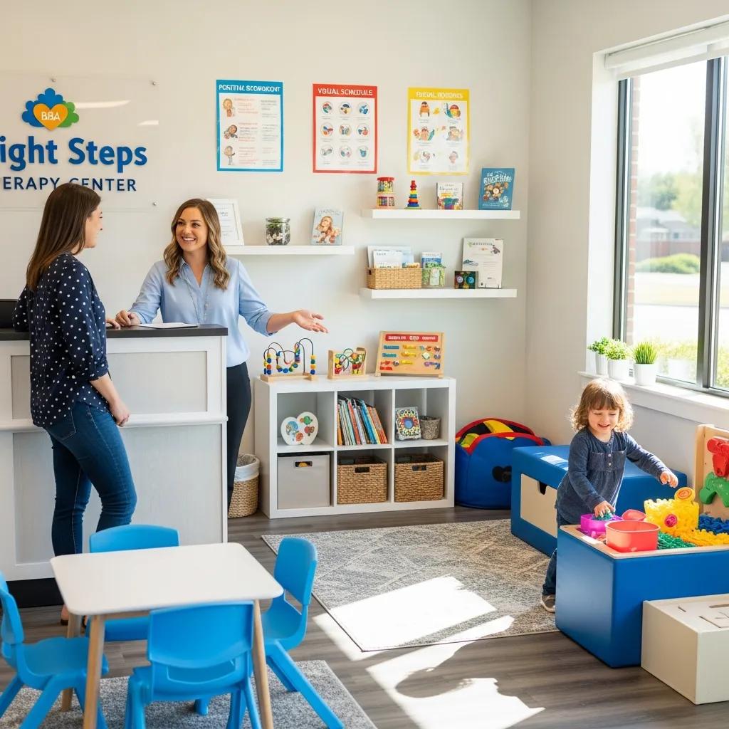 Parent and child visiting ABA therapy clinic, engaging with staff during enrollment process
