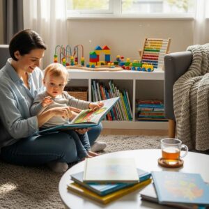 Parent reading a children's book to a toddler in a cozy living room, promoting early literacy development