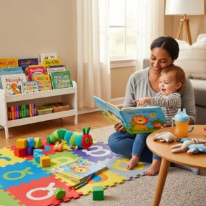 Parent reading to toddler in a cozy environment, promoting early language development