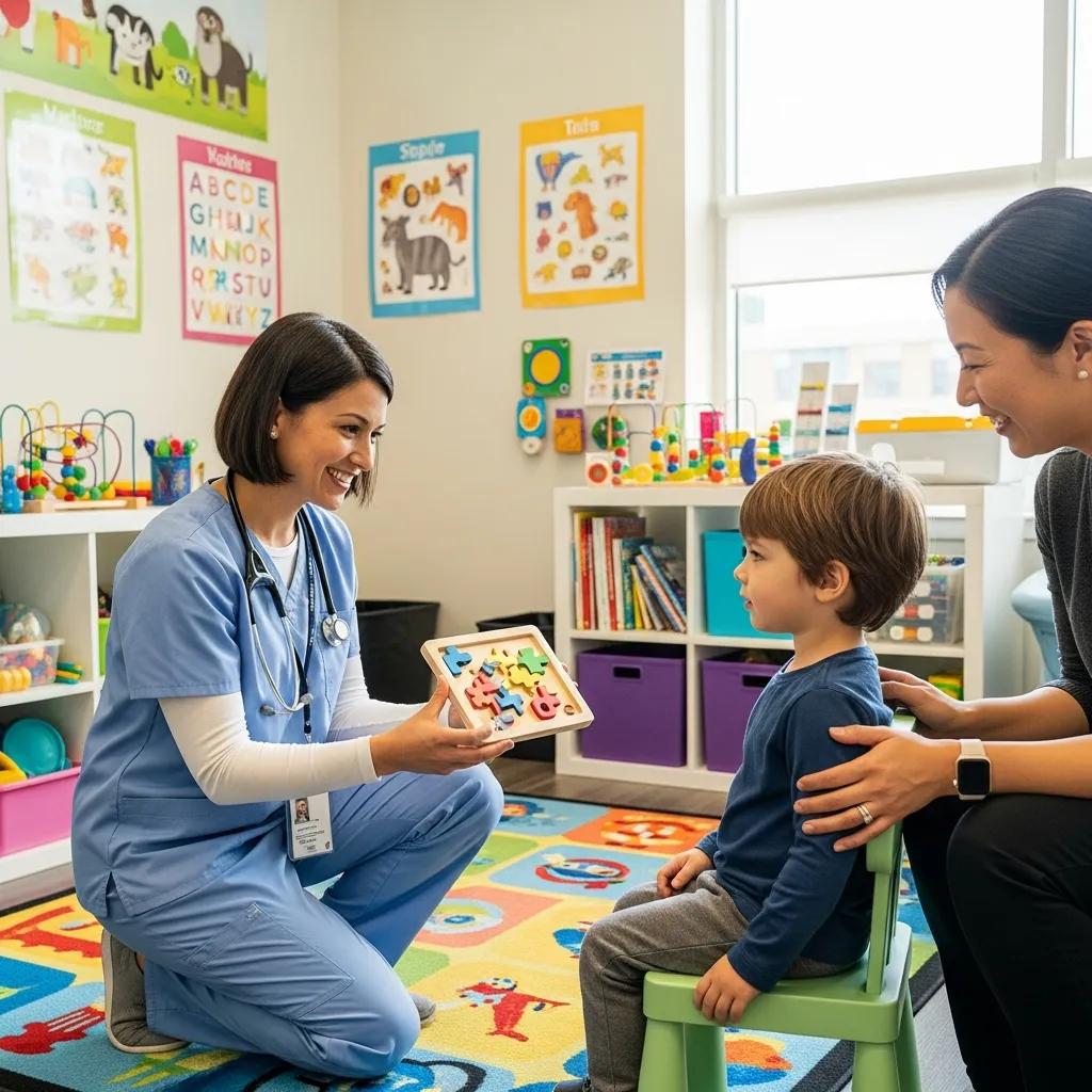 Pediatrician interacting with a child in a welcoming office during autism evaluation