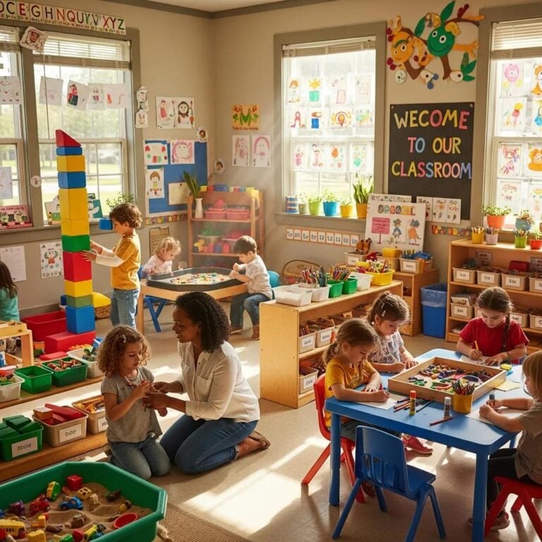 Preschool classroom with children playing and learning, emphasizing early education