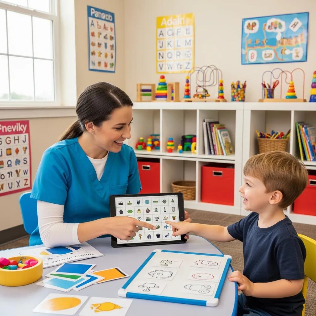 Speech therapist assisting preschooler with AAC techniques in a bright therapy room, enhancing communication