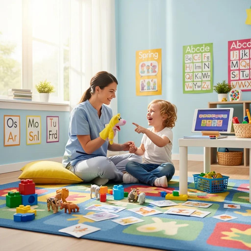 Speech therapist engaging with a preschool child using playful activities to enhance communication skills