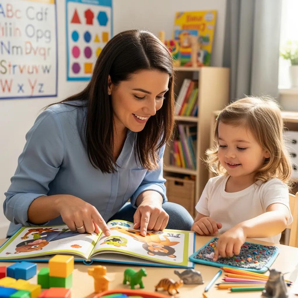 Teacher assisting a preschool child with individualized learning materials in a supportive classroom setting