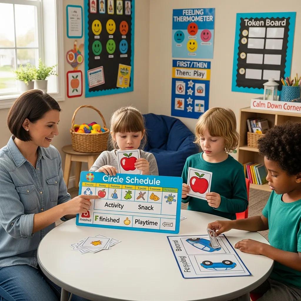 Teacher using visual supports in a classroom with children with autism, highlighting educational strategies