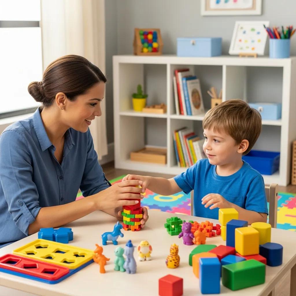 Therapist assisting a child with autism in a therapy session focused on communication skills