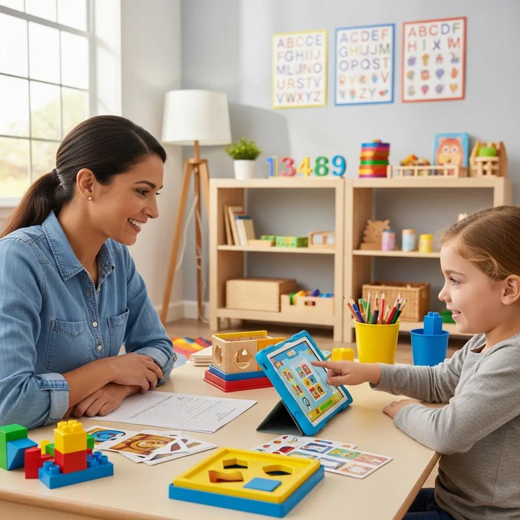 Therapist conducting one-on-one ABA therapy session with child using interactive tools