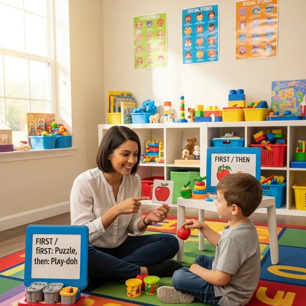 Therapist using Applied Behavior Analysis techniques with a child in a bright therapy room