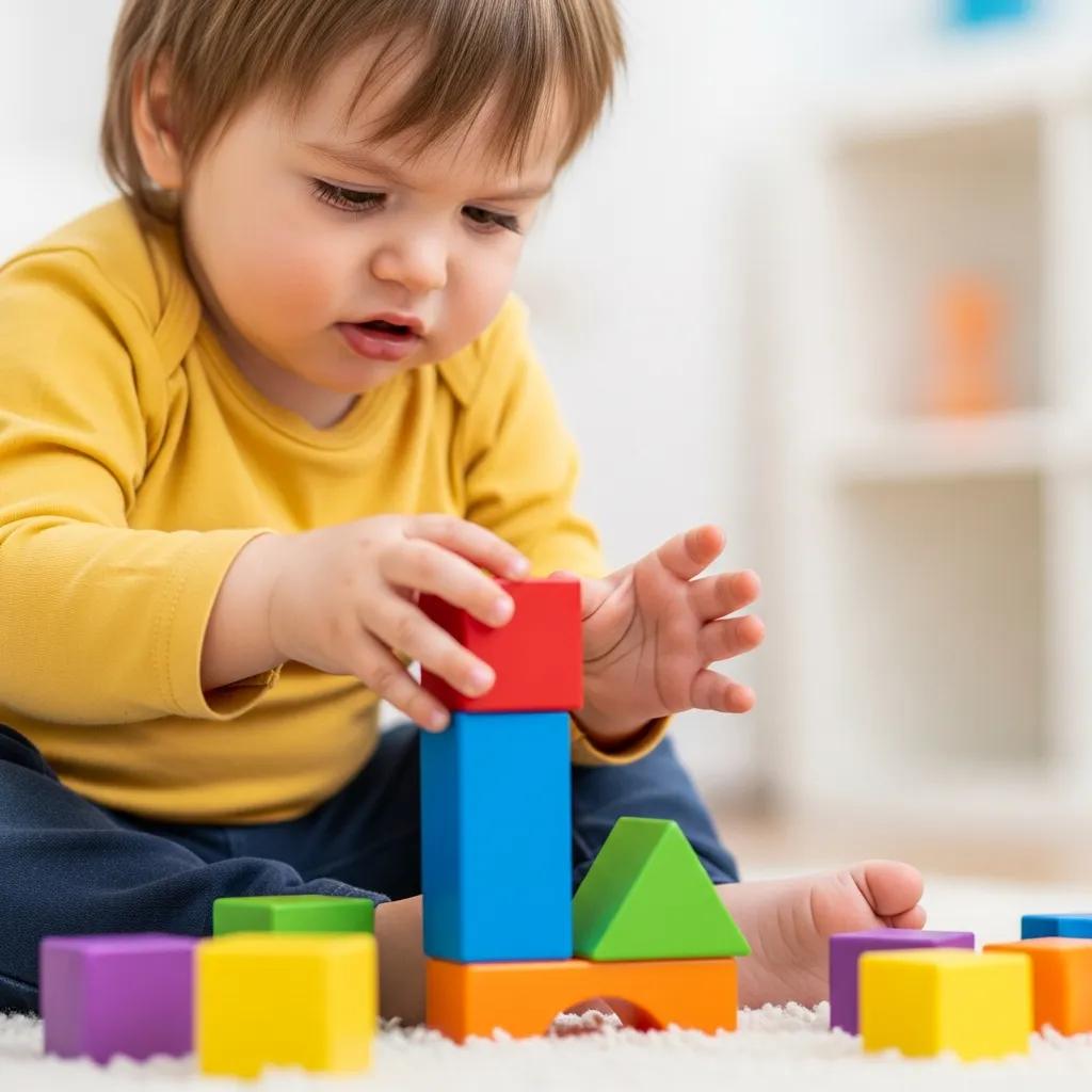 Toddler playing with building blocks, illustrating early signs of autism