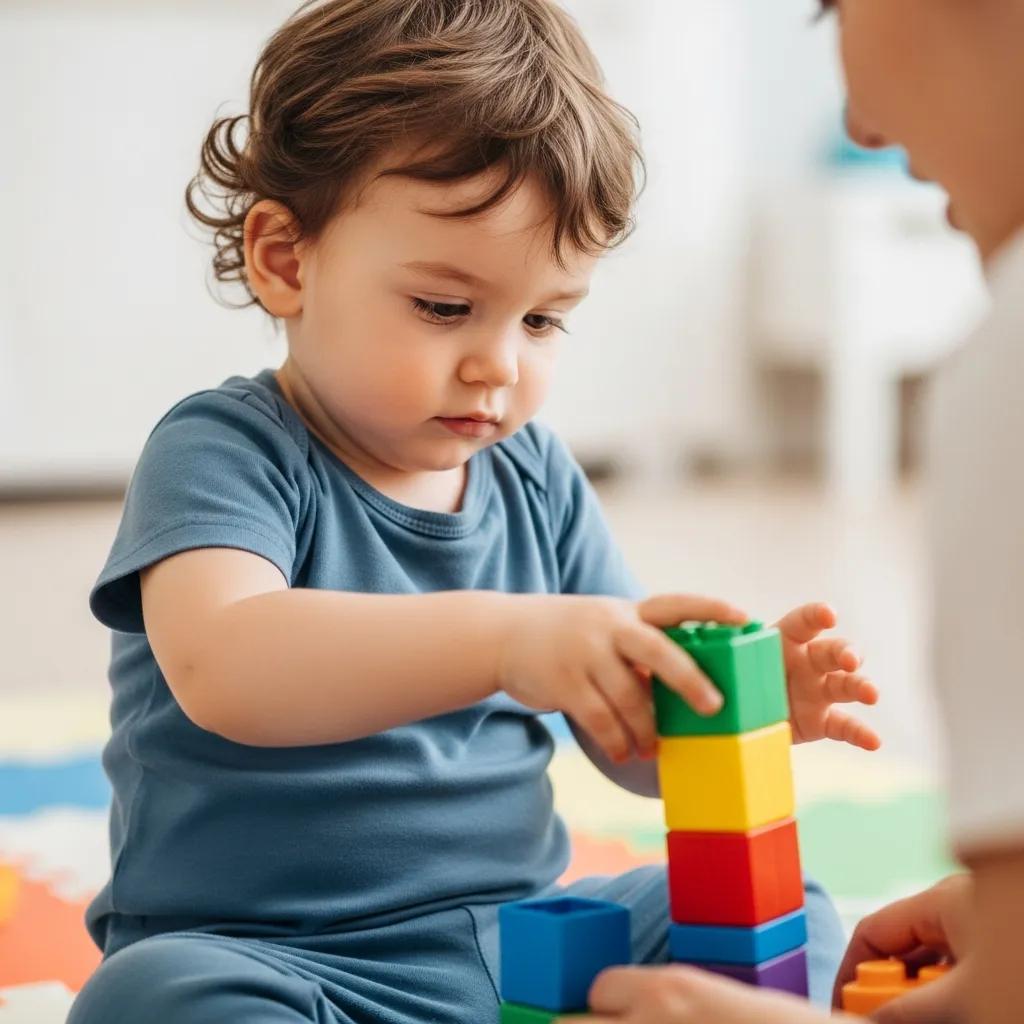 Toddler showing limited eye contact while playing, illustrating early signs of autism