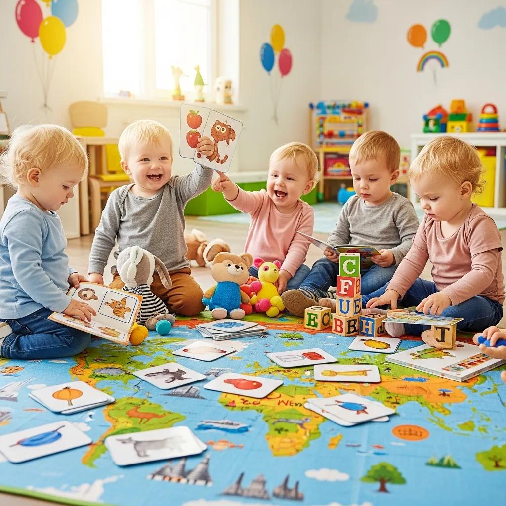 Toddlers engaging in interactive language games, enhancing vocabulary through play