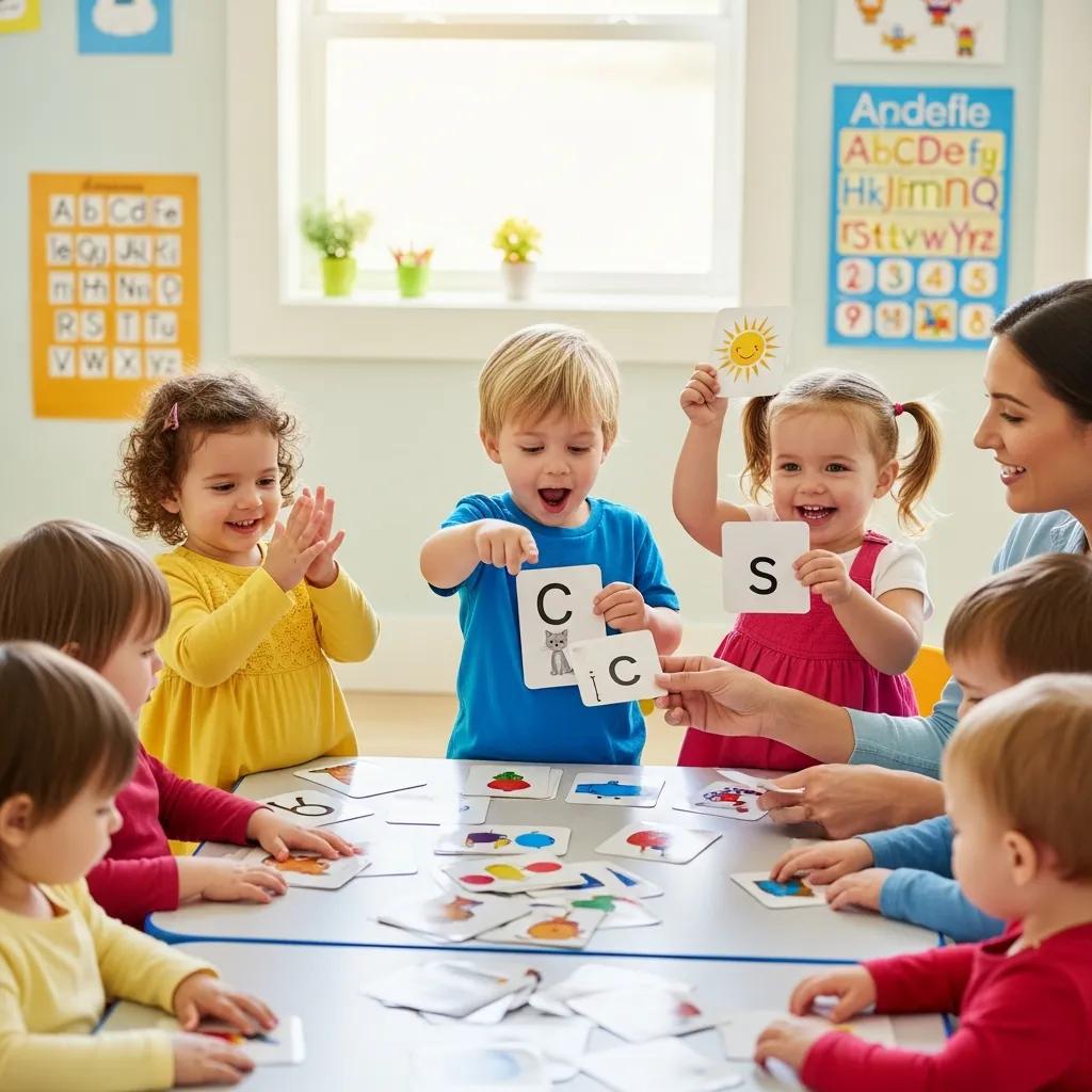 Toddlers participating in phonemic awareness activities, clapping syllables and matching sounds with flashcards