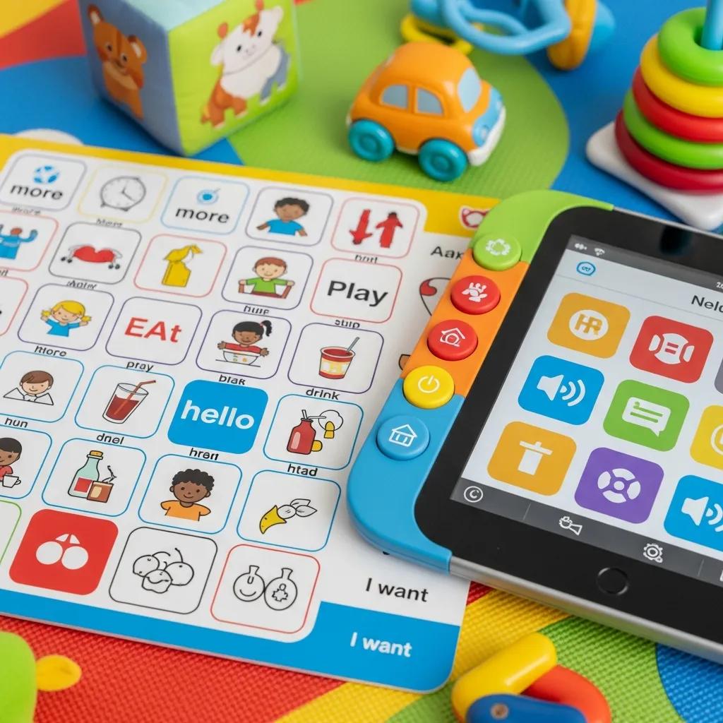 Variety of AAC devices for toddlers displayed on a play mat, emphasizing communication tools