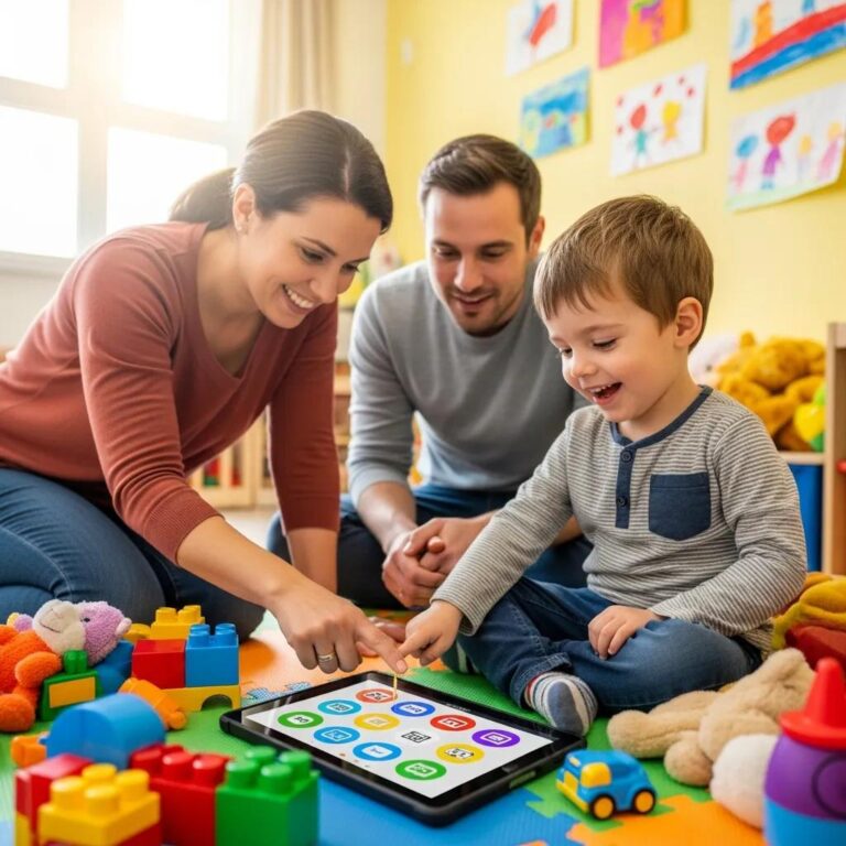 Young child happily using an AAC device in a playful setting, highlighting communication support
